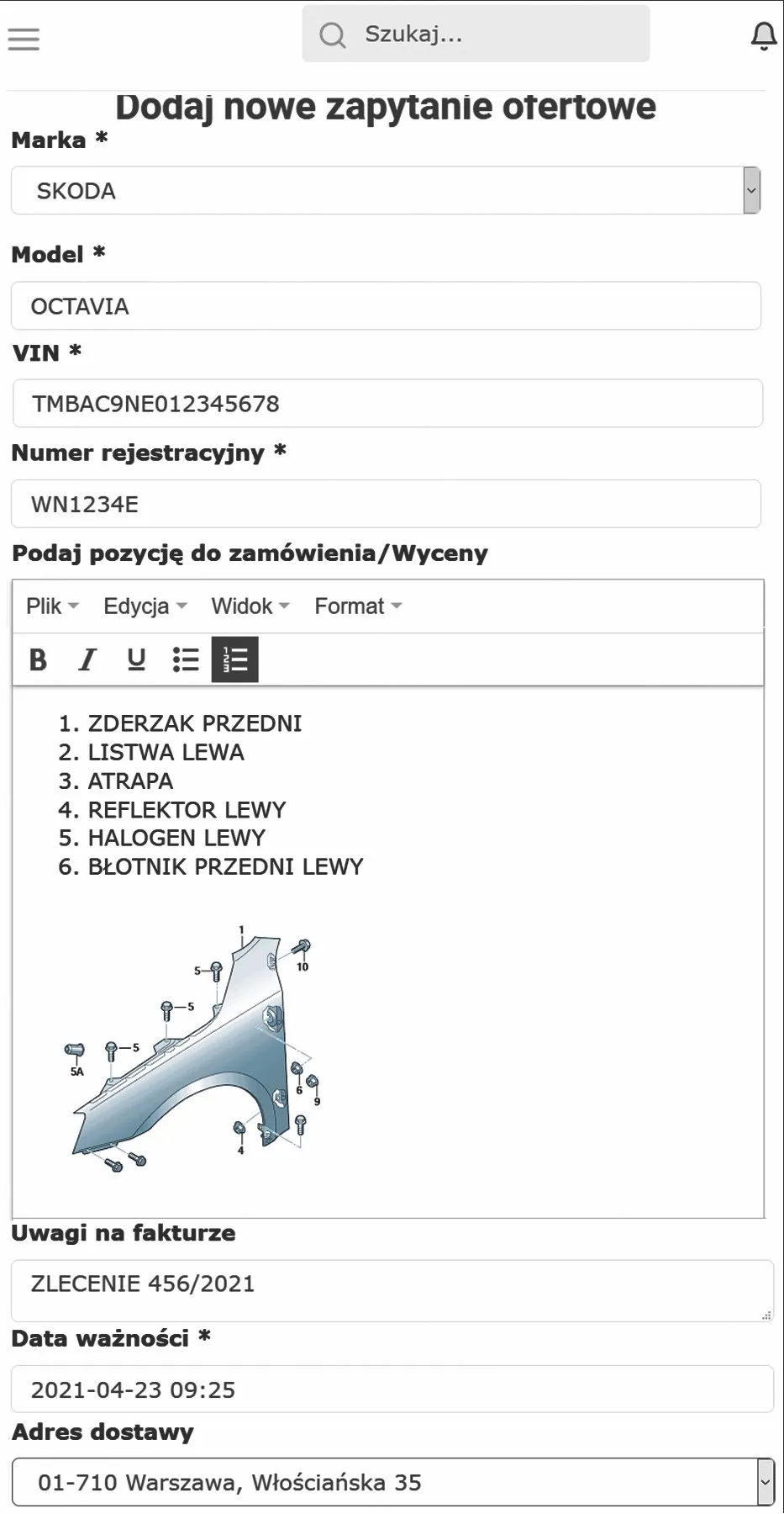 Poglądowy formularz dodawania nowego zapytania ofertowego
